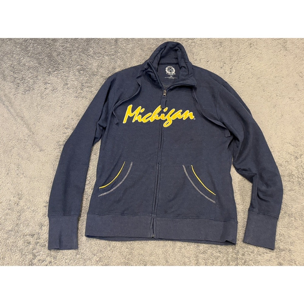 Michigan Wolverines Full Zip Sweatshirt Mock Neck Drawstring Womens Medium Blue